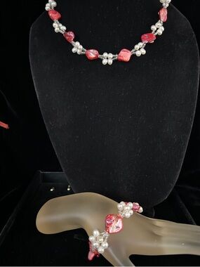 Handcrafted Red Shell and Fresh Water Pearl Necklace and Stretch Bracelet Set